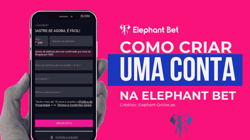utorial visual demonstrando como criar conta na Elephant Bet Angola passo a passo.